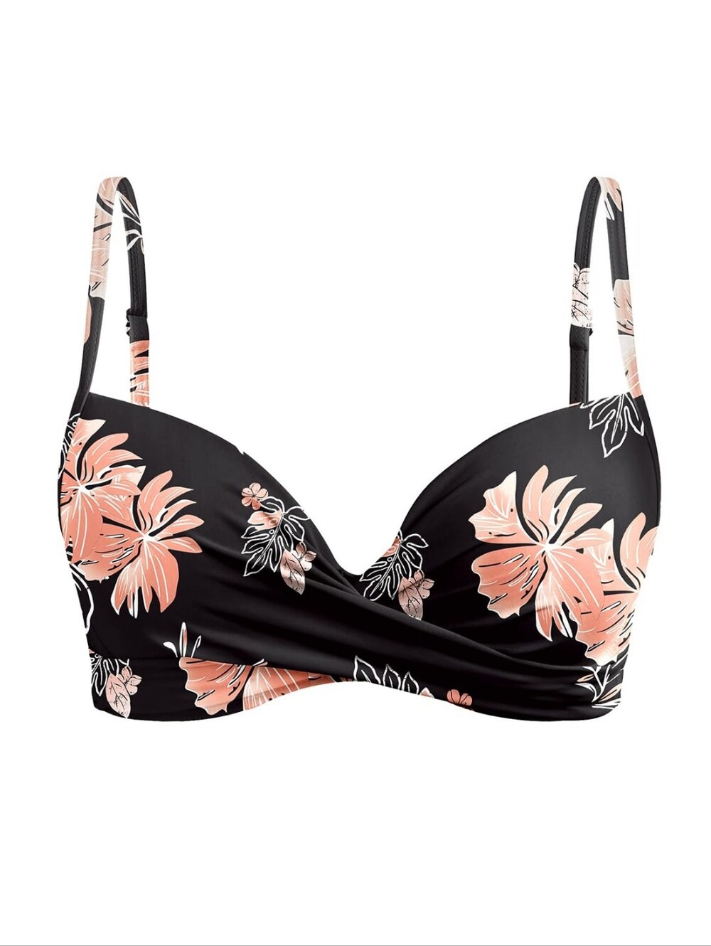 Floral Tropical Underwire Twist Bikini Top Black/Orange, XXS